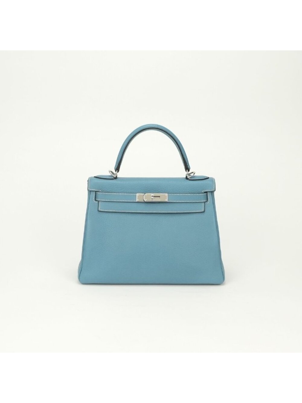 Hermes Kelly 28 Tote Taurillon Clemence Blue Jean Bleu Silver Handbag V-shaped